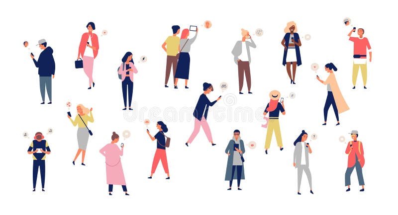 Folla dei giovani e delle donne che tengono gli smartphones e che mandano un sms, parlando, ascoltando la musica, prendente selfi illustrazione vettoriale