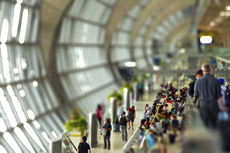 Miniature effect on a airport crowd before boarding. Miniature effect on a airport crowd before boarding