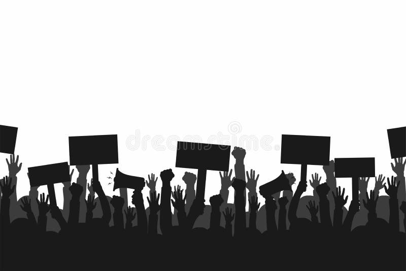 Folla della gente dei dimostranti Siluette della gente con le insegne ed i megafoni Concetto della rivoluzione o della protesta illustrazione vettoriale Folla della gente dei dimostranti Siluette della gente con le insegne ed i megafoni Concetto della rivoluzione o della protesta illustrazione vettoriale