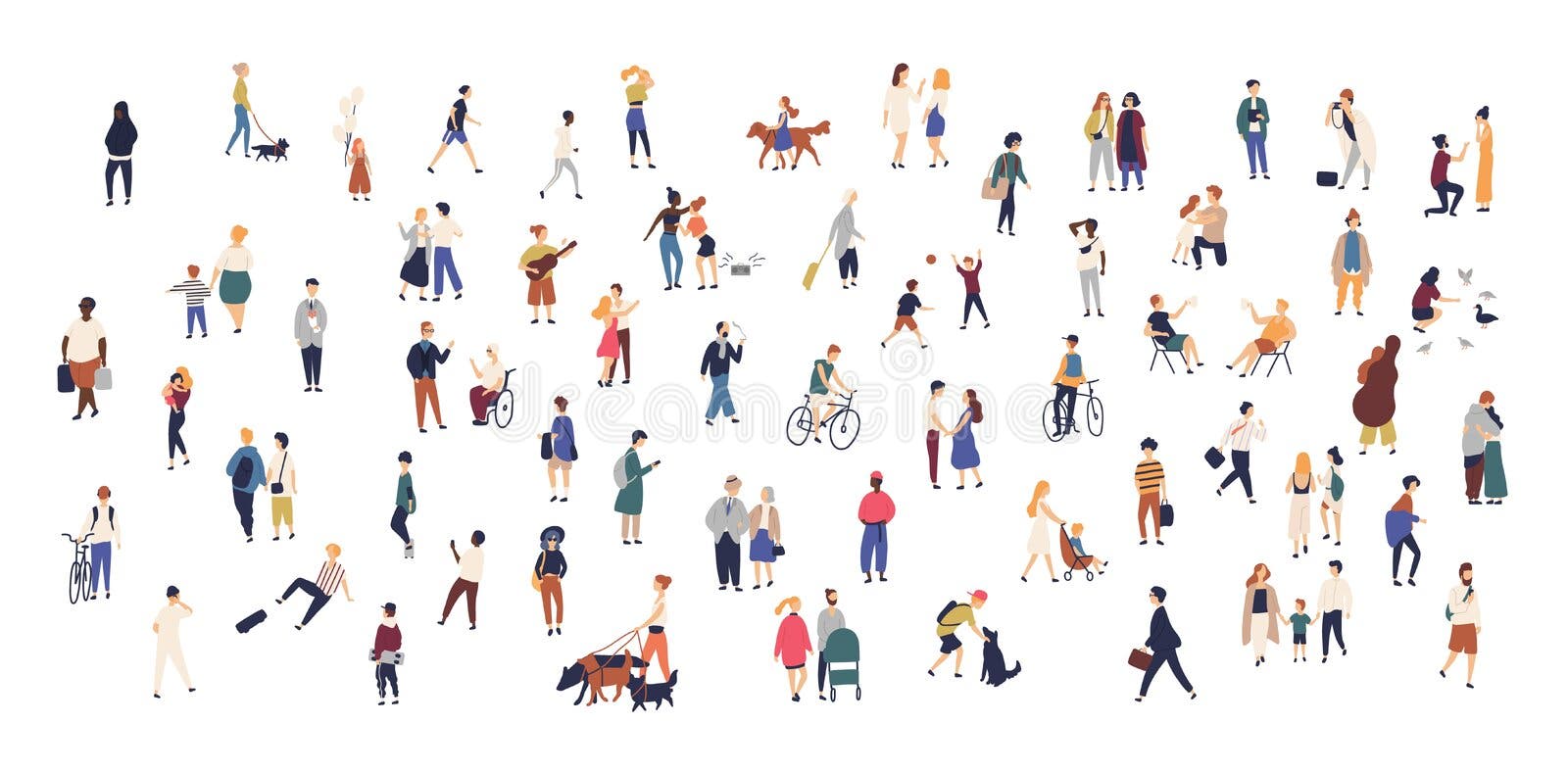 Folla della gente minuscola che cammina con i bambini o i cani, biciclette di guida, condizione, parlando, correre Uomini e donne Folla della gente minuscola che cammina con i bambini o i cani, biciclette di guida, condizione, parlando, correre Uomini e donne