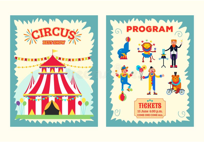 Big top circus and artists performers vector illustration. Magician with hare, clowns, wild animals monkey, bear and seal. Circus show printable brochure, program, ticket. Big top circus and artists performers vector illustration. Magician with hare, clowns, wild animals monkey, bear and seal. Circus show printable brochure, program, ticket.