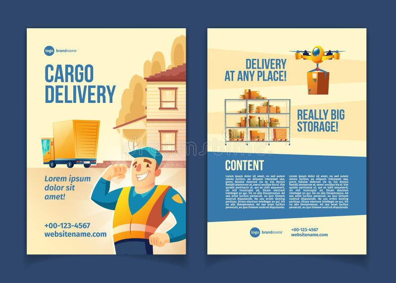 Folleto del vector de la historieta del servicio de entrega del cargo ilustración del vector Folleto del vector de la historieta del servicio de entrega del cargo ilustración del vector