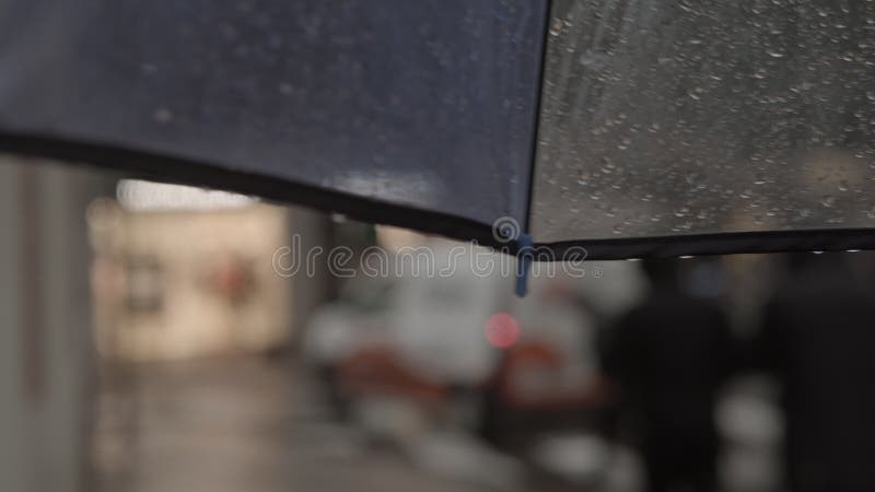 Woman walking under umbrella in rainy city
