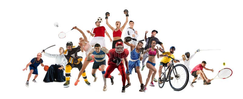 Folâtrez le collage au sujet de kickboxing, le football, football américain, basket-ball, hockey sur glace, badminton, le Taekwon photographie stock libre de droits Folâtrez le collage au sujet de kickboxing, le football, football américain, basket-ball, hockey sur glace, badminton, le Taekwon photographie stock libre de droits
