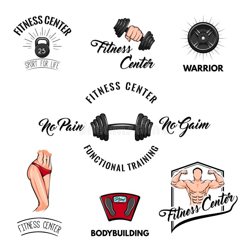 Folâtrez les graphismes réglés Label de logo de centre de fitness Haltère, barbell, Bodybuilder, sportif, échelle de plancher Ins illustration libre de droits Folâtrez les graphismes réglés Label de logo de centre de fitness Haltère, barbell, Bodybuilder, sportif, échelle de plancher Ins illustration libre de droits