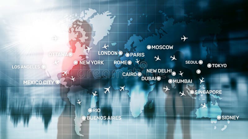 Fond abstrait de Global Aviation avec des avions et des noms de ville sur une carte Concept de transport de voyage d'affaires photo libre de droits Fond abstrait de Global Aviation avec des avions et des noms de ville sur une carte Concept de transport de voyage d'affaires photo libre de droits
