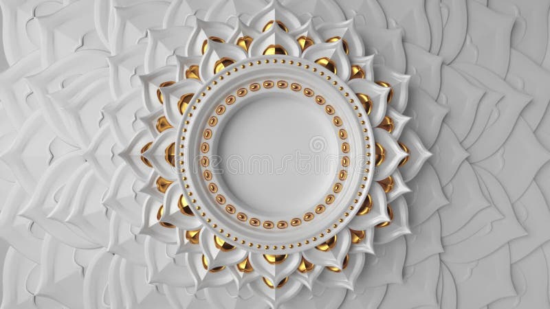 Fond asiatique decoratif abstrait de l'or blanc 3d, cadre rond vide animé avec l'espace de copie, lignes de rotation des pétales banque de vidéos