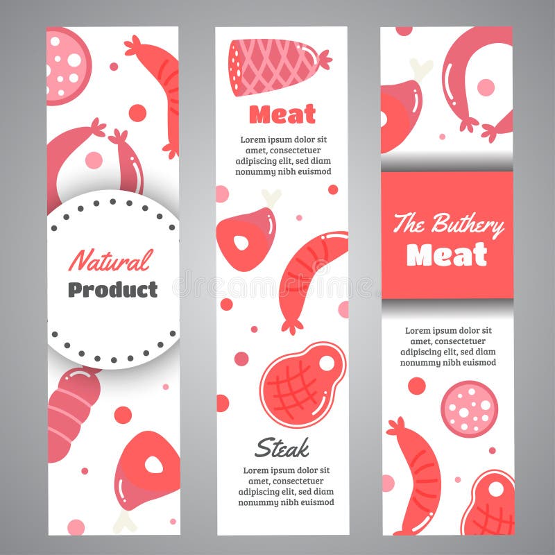 Fond avec des produits carnés Éléments plats de ferme de viande Envoyez à la boucherie les bannières de promo, cartes, brochure, illustration de vecteur Fond avec des produits carnés Éléments plats de ferme de viande Envoyez à la boucherie les bannières de promo, cartes, brochure, illustration de vecteur