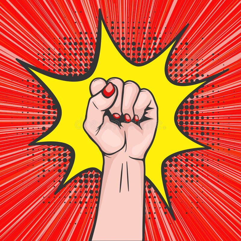 Background with raised women s fist in pop art comic style - symbol unity or solidarity, with oppressed people and women s rights. Placard with feminism concept, protest, rebel, revolution or strike sign. Girl power art poster. Background with raised women s fist in pop art comic style - symbol unity or solidarity, with oppressed people and women s rights. Placard with feminism concept, protest, rebel, revolution or strike sign. Girl power art poster.