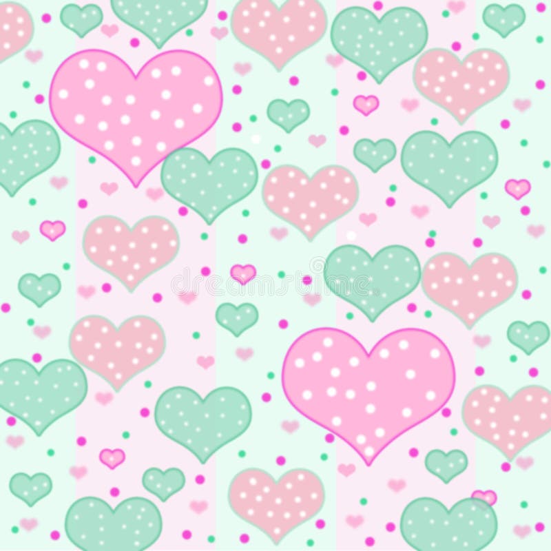 Background filled with hearts of many sizes and shades of pink and green with polka-dots. Background filled with hearts of many sizes and shades of pink and green with polka-dots.