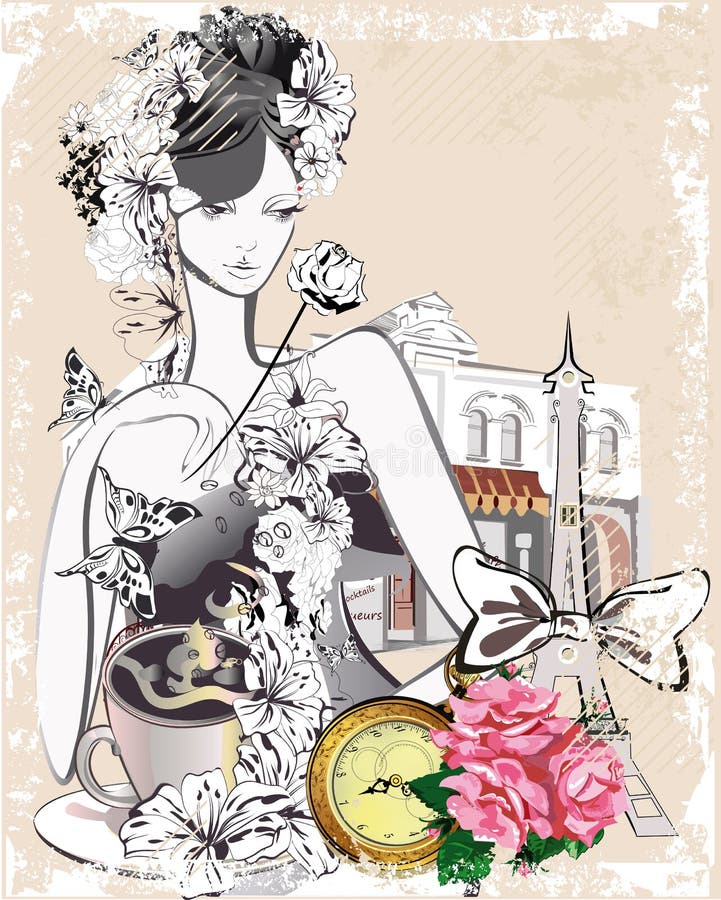 Fond avec une fille, les fleurs et Tour Eiffel illustration libre de droits Fond avec une fille, les fleurs et Tour Eiffel illustration libre de droits