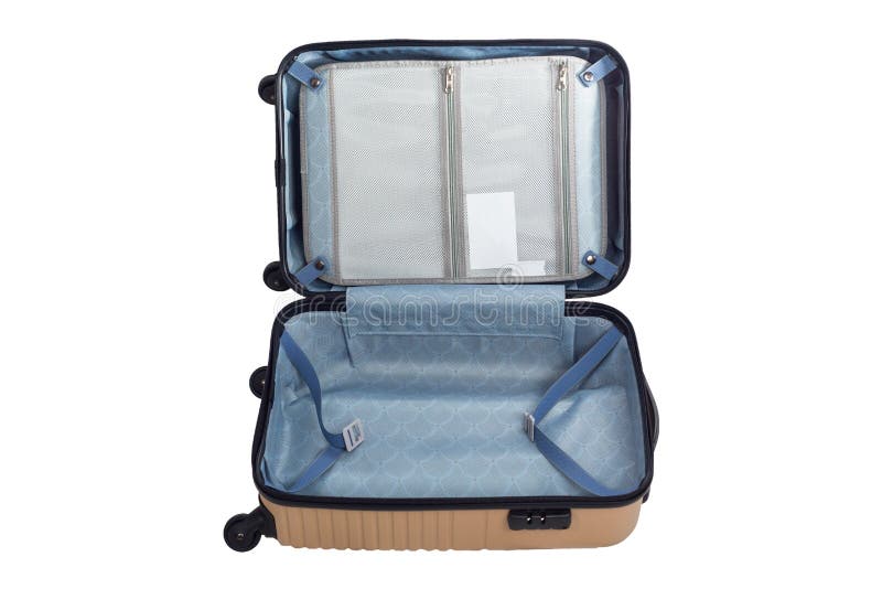 Fond blanc d'isolement par sac ouvert de voyage de bagage photographie stock libre de droits Fond blanc d'isolement par sac ouvert de voyage de bagage photographie stock libre de droits