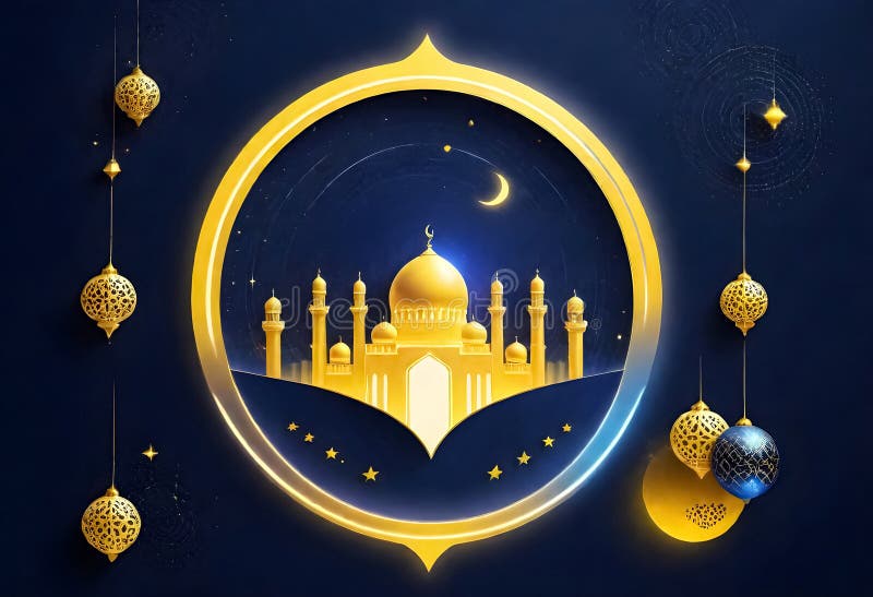 AI generated of a blue background with a mosque and a moon with stars and lanterns. AI generated of a blue background with a mosque and a moon with stars and lanterns