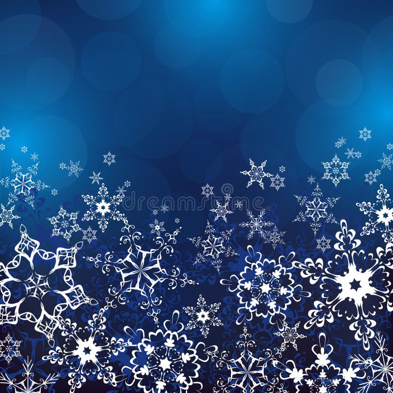 Winter blue background with white ornate snowflakes. New Year and Christmas celebratory card with place for text. Beautiful winter wallpaper. Vector illustration. Winter blue background with white ornate snowflakes. New Year and Christmas celebratory card with place for text. Beautiful winter wallpaper. Vector illustration