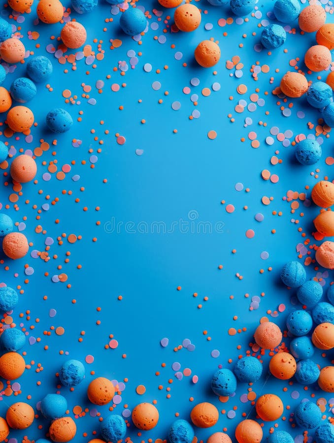 Vibrant Blue Background with Scattered Orange and Pink Painted Easter Eggs and Candy Decorations AI Generative. Vibrant Blue Background with Scattered Orange and Pink Painted Easter Eggs and Candy Decorations AI Generative