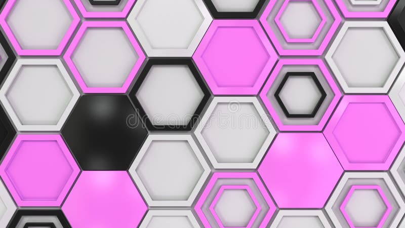 Abstract 3d background made of black, white and purple hexagons on white background. Wall of hexagons. Honeycomb pattern. 3D render illustration. Abstract 3d background made of black, white and purple hexagons on white background. Wall of hexagons. Honeycomb pattern. 3D render illustration