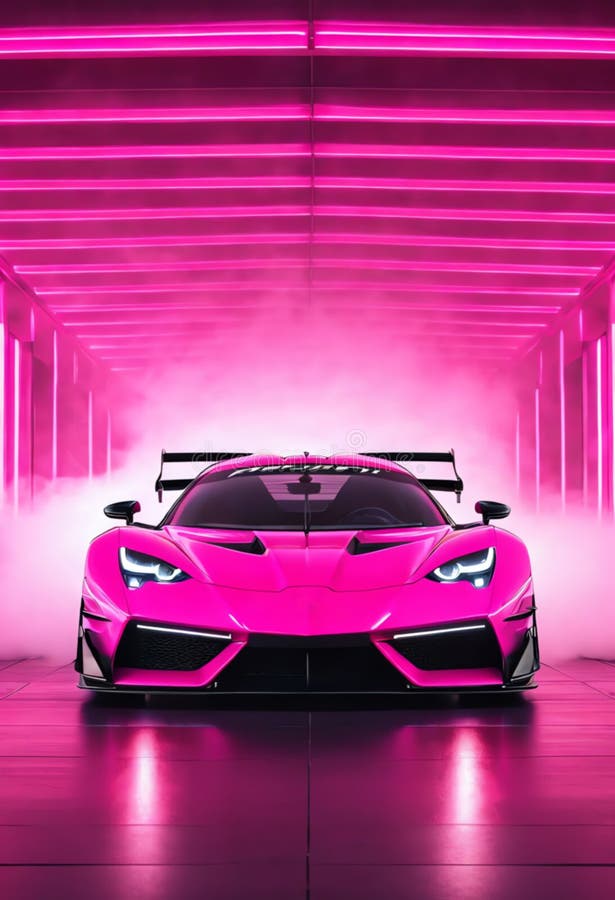 background of pink sport car with fog and glowing light. background of pink sport car with fog and glowing light