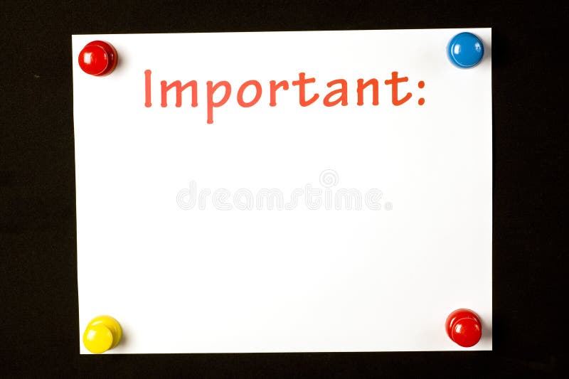 A white note held on a black background by red, blue, and yellow push pins. The word Important: is written on the card leaving room for more information. A white note held on a black background by red, blue, and yellow push pins. The word Important: is written on the card leaving room for more information.