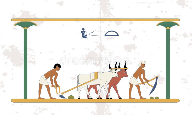 Fond d'Egypte antique Les paysans avec une équipe de taureaux labourent le champ Historique Gens antiques