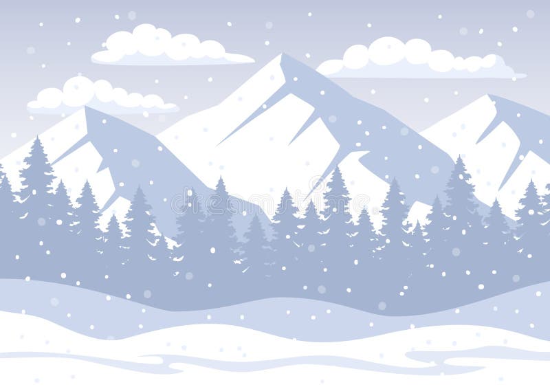 Le fond d'hiver de Noël blanc avec les montagnes rocheuses, forêt de pin, collines de neige, flocons de neige dirigent l'illustration