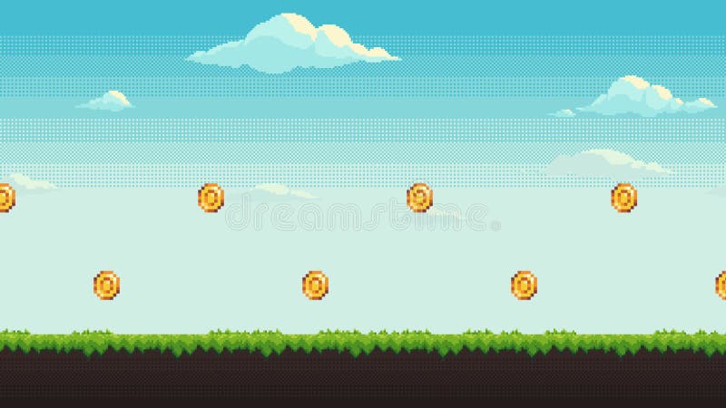 Fond d'écran en pixel animé avec pièces flottantes 2d animation en boucle classique en style de jeu vidéo rétro. clips vidéos