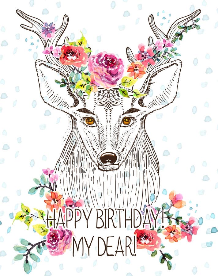 Fond de bande dessinée avec des cerfs communs et des fleurs d'aquarelle illustration stock Fond de bande dessinée avec des cerfs communs et des fleurs d'aquarelle illustration stock