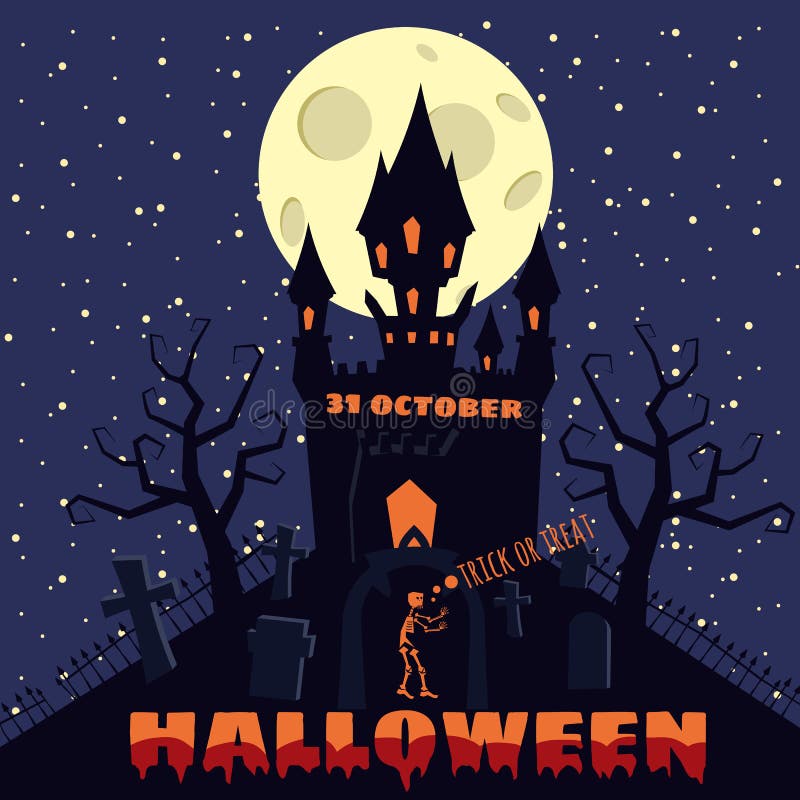 Fond de Halloween avec le semetery et le sceleton, le château hanté, la maison et la pleine lune Affiche, insecte ou invitation illustration de vecteur Fond de Halloween avec le semetery et le sceleton, le château hanté, la maison et la pleine lune Affiche, insecte ou invitation illustration de vecteur