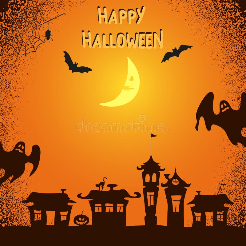 Fond de Halloween avec les fantômes, les battes et la lune rampants illustration libre de droits Fond de Halloween avec les fantômes, les battes et la lune rampants illustration libre de droits