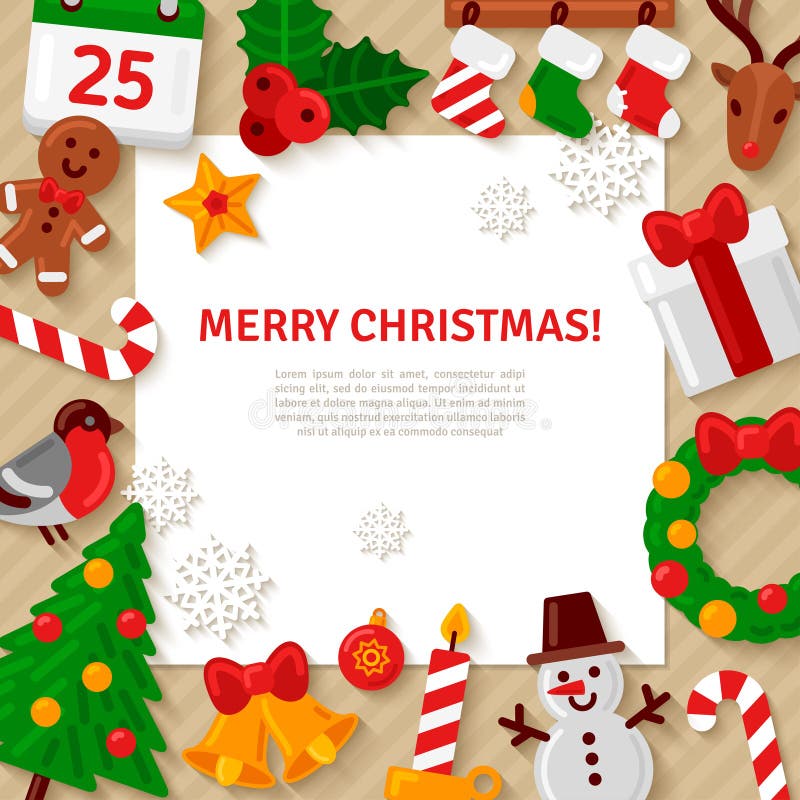 Merry Christmas Background with Flat Christmas Icons and White Square Frame. Vector Illustration. Happy New Year Concept. Candy Cane, Christmas Tree, Candle, Gingerbread Man. Place for Your Text. Merry Christmas Background with Flat Christmas Icons and White Square Frame. Vector Illustration. Happy New Year Concept. Candy Cane, Christmas Tree, Candle, Gingerbread Man. Place for Your Text