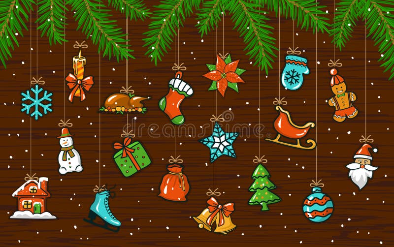 Fond de Joyeux Noël et de bonne année avec les éléments accrochants de Noël de décoration illustration stock