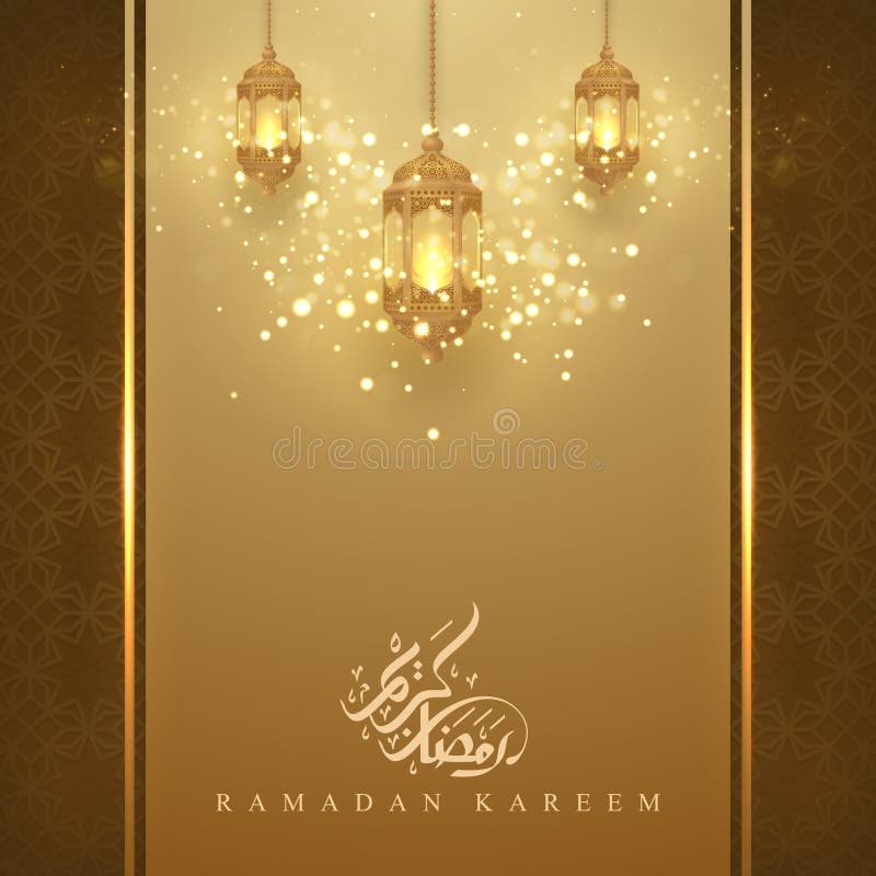 Fond de kareem de Ramadan avec la lanterne accrochante rougeoyante et la calligraphie arabe Fond de carte de voeux avec le style illustration stock