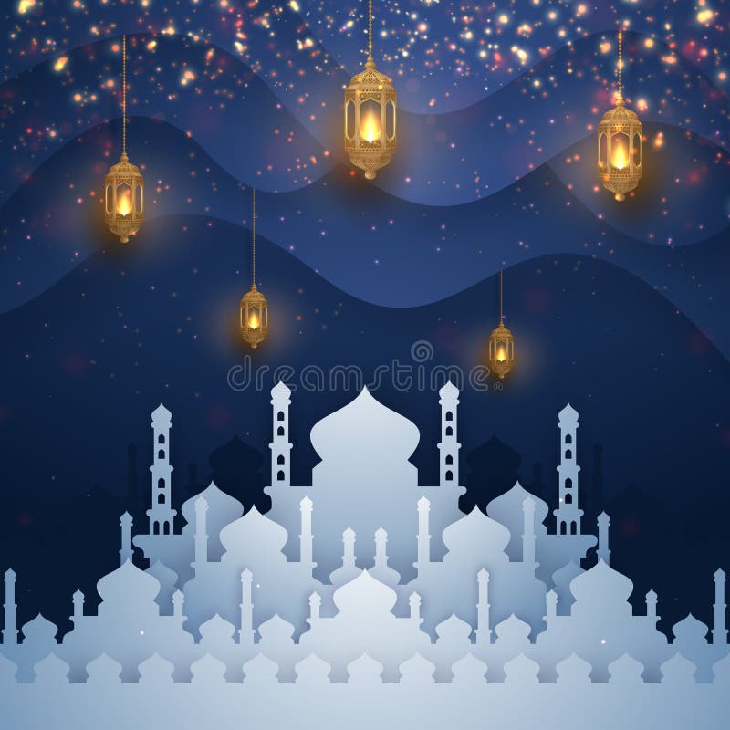 Fond de kareem de Ramadan avec la lanterne et la mosqu? e accrochantes rougeoyantes Fond de carte de voeux avec le style de coupe illustration libre de droits