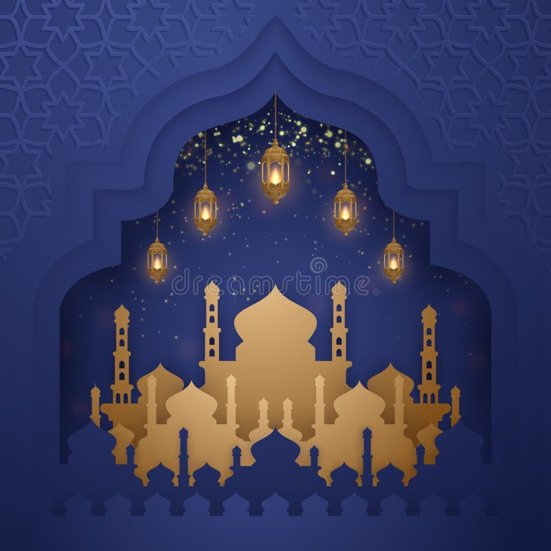 Fond de kareem de Ramadan avec la lanterne et la mosquée accrochantes rougeoyantes Fond de carte de voeux avec le style de coupe illustration de vecteur