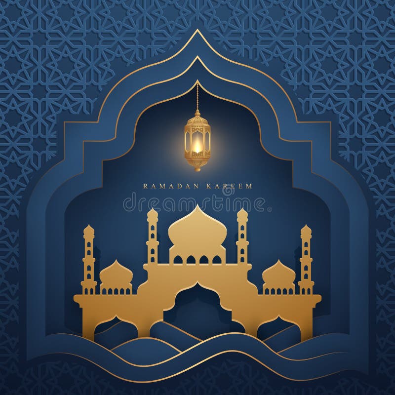 Fond de kareem de Ramadan avec la lanterne et la mosquée accrochantes rougeoyantes Fond de luxe de carte de voeux avec le style d illustration de vecteur