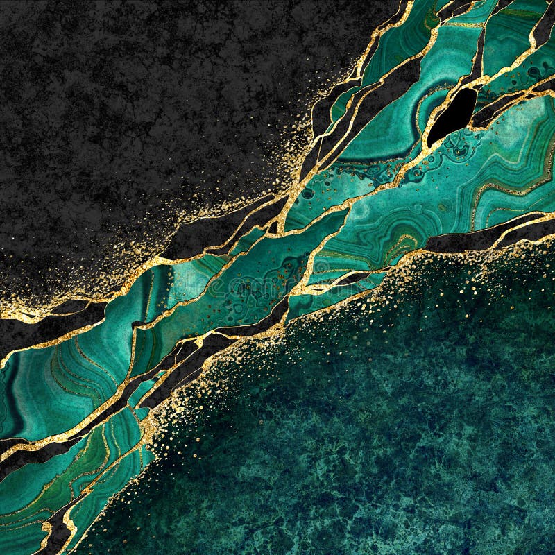 Fond de malacit verde marmură neagră abstract cu vene de aur cu tehnica kintsugi japonezi, fals piatră artificială pictată vector illustration