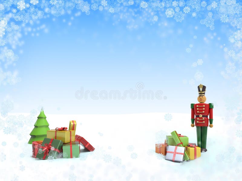 Christmas background with wooden soldier toy and gifts. 3D Illustration for greeting card or flyer with place for your text. Christmas background with wooden soldier toy and gifts. 3D Illustration for greeting card or flyer with place for your text
