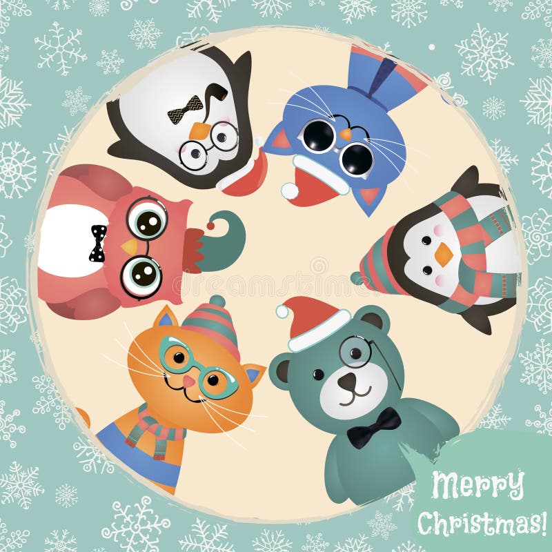 Fond de Noël d'animaux et d'animaux familiers de mode de hippie rétro illustration stock Fond de Noël d'animaux et d'animaux familiers de mode de hippie rétro illustration stock