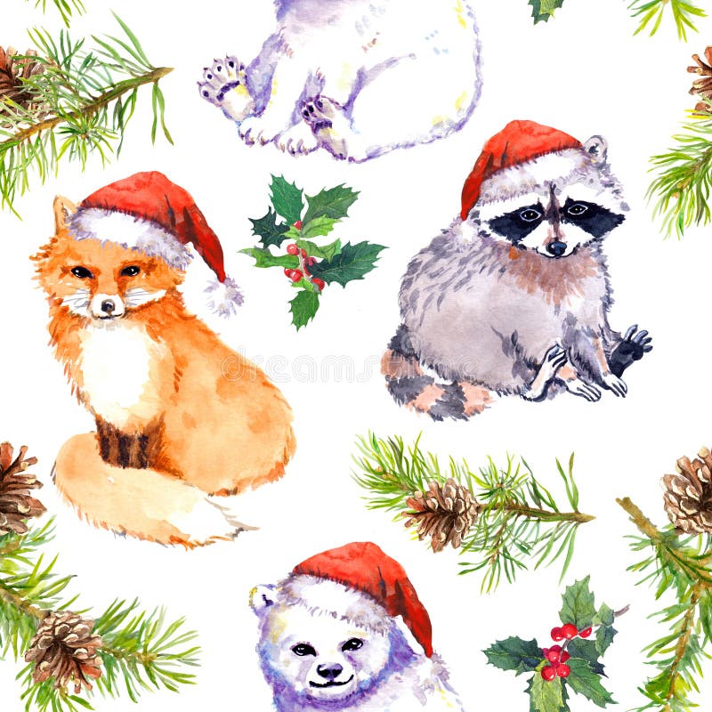 Fond de Noël - les animaux mignons dans des chapeaux rouges du ` s de Santa, pin s'embranche Répétition de la configuration water illustration stock Fond de Noël - les animaux mignons dans des chapeaux rouges du ` s de Santa, pin s'embranche Répétition de la configuration water illustration stock