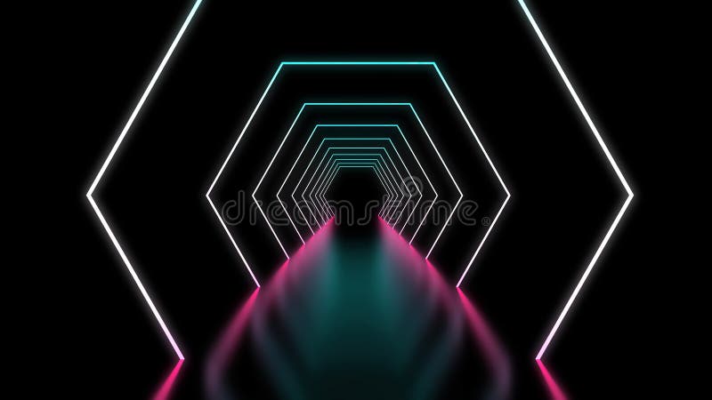 Hexagonal neon background in purple blue colors. Tech background futuristic space tunnel light. Hexagonal neon background in purple blue colors. Tech background futuristic space tunnel light.