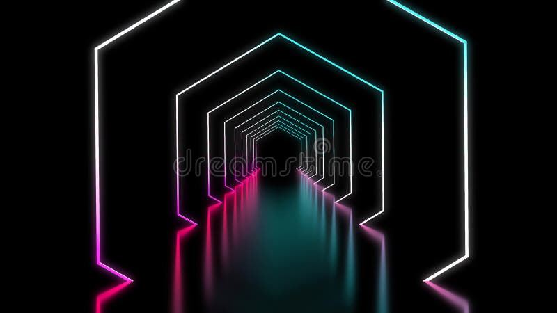 Hexagonal neon background in purple blue colors. Tech background futuristic space tunnel light. Hexagonal neon background in purple blue colors. Tech background futuristic space tunnel light.