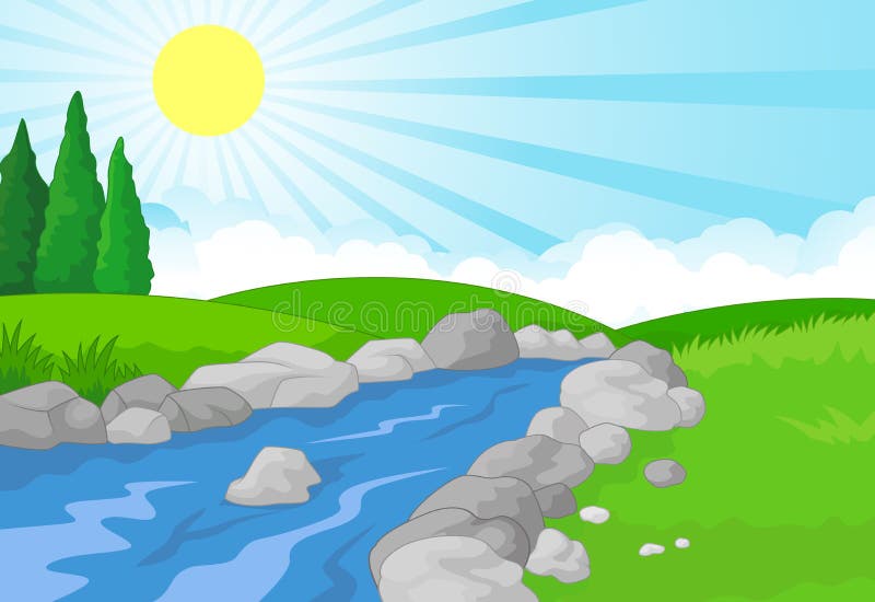 Fond de paysage de nature avec le pré, la montagne et la rivière verts illustration de vecteur Fond de paysage de nature avec le pré, la montagne et la rivière verts illustration de vecteur