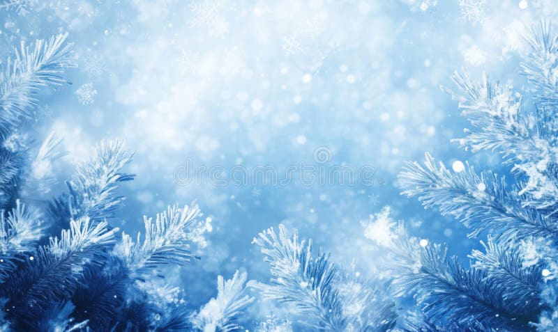 Fond de pășuni de iarnă cu ramuri de pin înghețat fulgi de zăpadă și efect de armătură albastră. climă seismică moale royalty free stock images