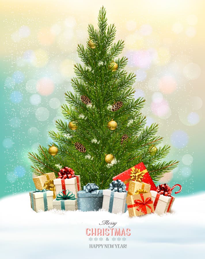 Fond de vacances avec un arbre et des présents de Noël illustration de vecteur Fond de vacances avec un arbre et des présents de Noël illustration de vecteur