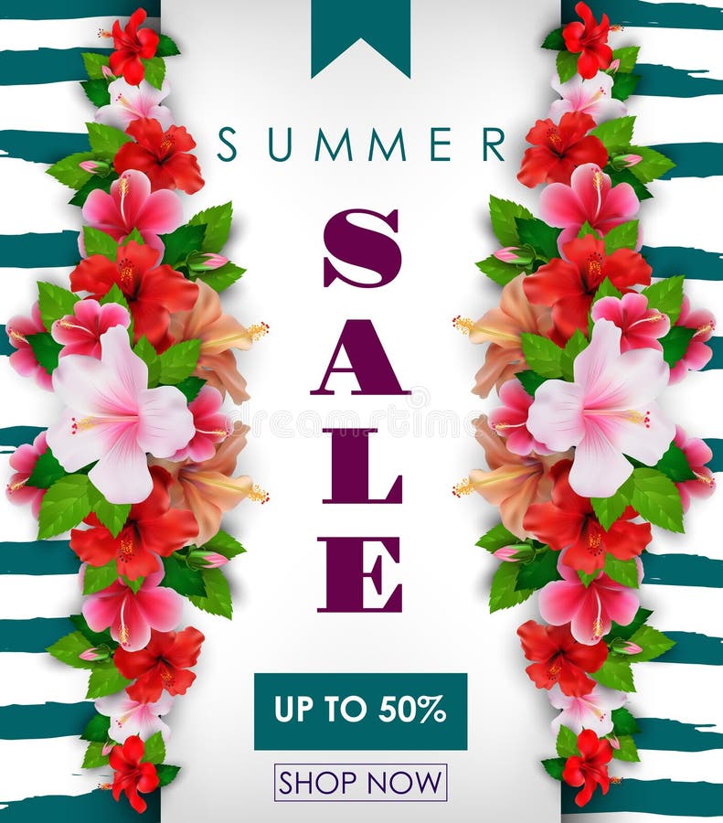 Fond de vente d'été avec les fleurs tropicales Jusqu'à 50% illustration stock Fond de vente d'été avec les fleurs tropicales Jusqu'à 50% illustration stock