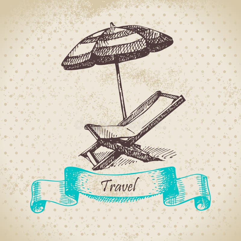 Fond de vintage avec le fauteuil et le parapluie de plage illustration libre de droits Fond de vintage avec le fauteuil et le parapluie de plage illustration libre de droits