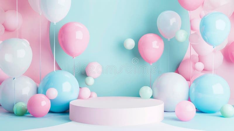 Decorative background and abstract background template for a minimalist product podium stage with multicolor pastel color balloons. 3D illustration rendering. AI generated. Decorative background and abstract background template for a minimalist product podium stage with multicolor pastel color balloons. 3D illustration rendering. AI generated