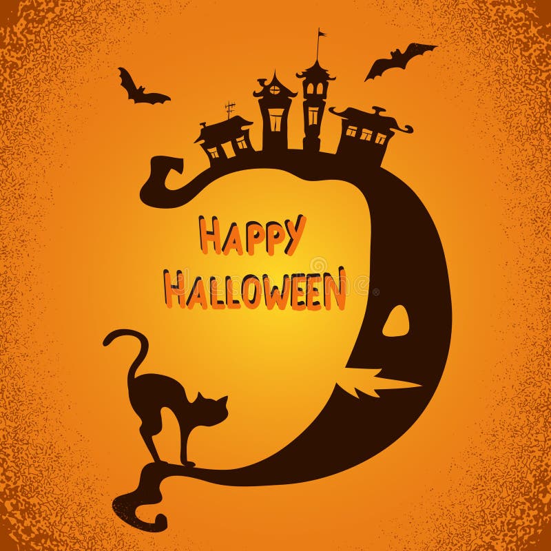 Fond effrayant de Halloween avec la lune, le chat noir et les silhouettes de battes illustration stock Fond effrayant de Halloween avec la lune, le chat noir et les silhouettes de battes illustration stock