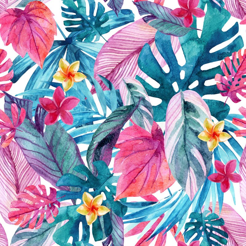 Fond exotique de feuilles et de fleurs d'aquarelle illustration libre de droits Fond exotique de feuilles et de fleurs d'aquarelle illustration libre de droits