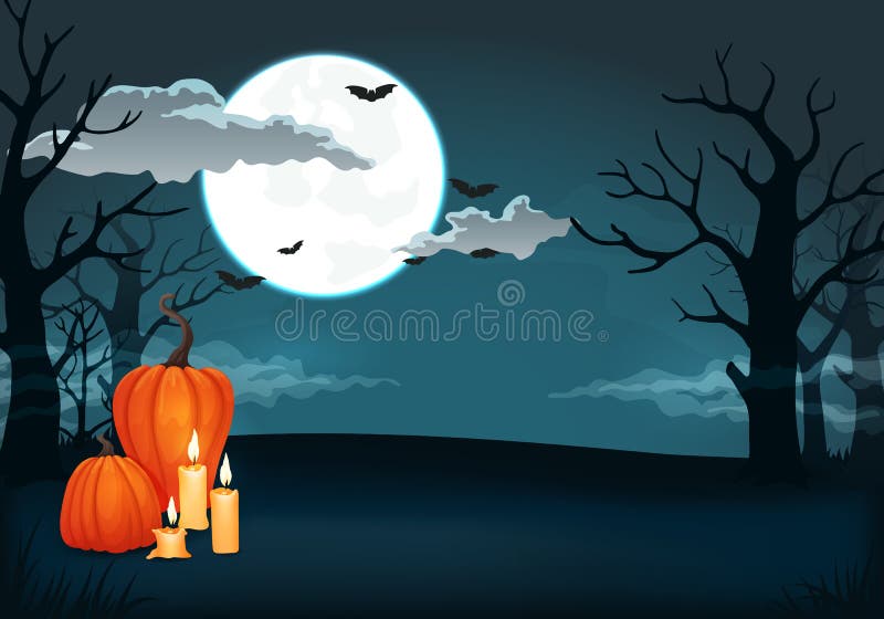 Fond fantasmagorique de nuit avec la pleine lune, les nuages, les battes, les potirons, les bougies et les arbres illustration de vecteur Fond fantasmagorique de nuit avec la pleine lune, les nuages, les battes, les potirons, les bougies et les arbres illustration de vecteur