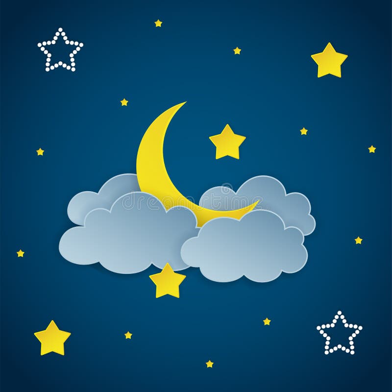 Dark night sky background with clouds, stars and crescent moon. Vector Illustration. Dark night sky background with clouds, stars and crescent moon. Vector Illustration.